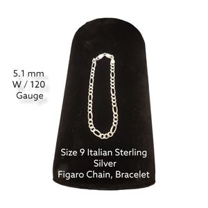 Figaro Chain Bracelet Size 9 .925 Italian Sterling Silver 120 Guage, 5.1mm W, LC